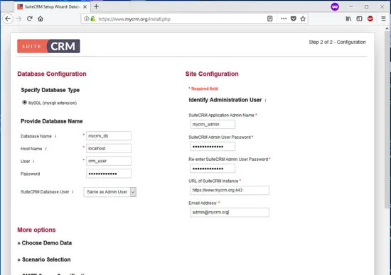 Database and site configuration