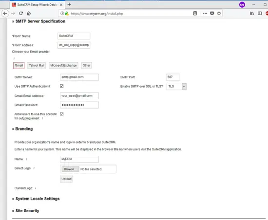 SMTP server settings