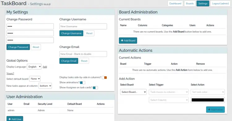 TaskBoard settings