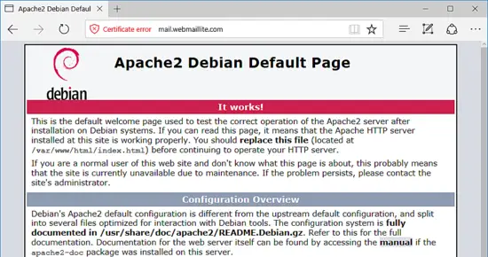 Apache default page is shown