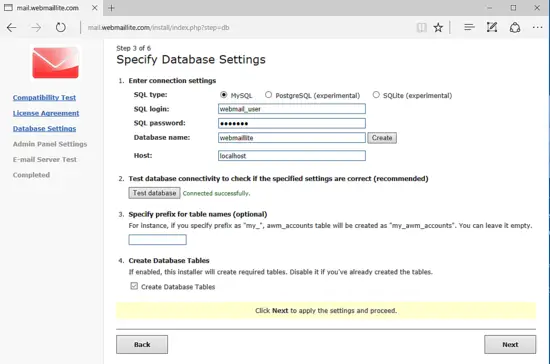 Enter the MySQL database details