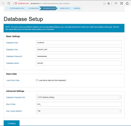 Database setup