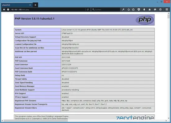 PHP Info() output on Ubuntu 15.10.