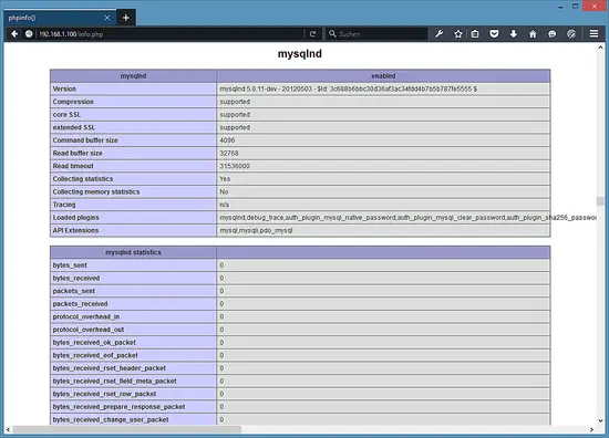 The phpinfo output with mysqlnd driver enabled.