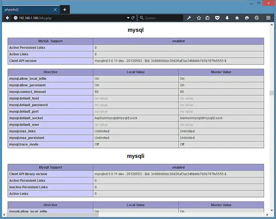 MySQL driver shown in phpinfo() output.