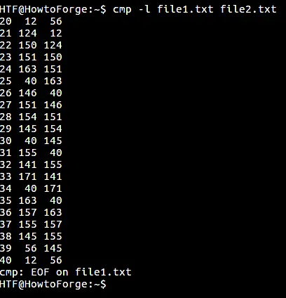 How to make cmp display byte position (and value) for all differing bytes