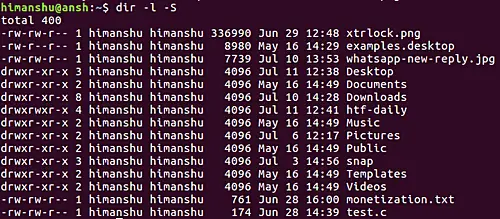 How to make dir sort output by size of file