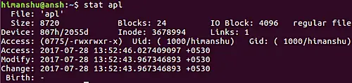 Check file status with stat command