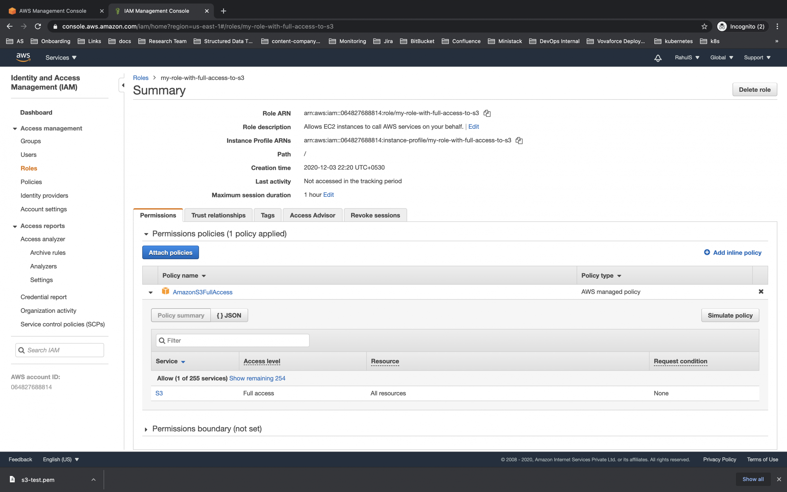 Manage operations on S3 Bucket using awscli from the EC2 instance