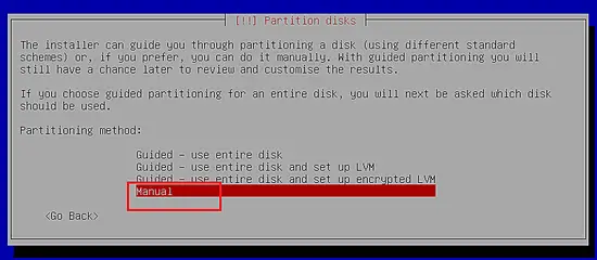 Select manual disk partitioning