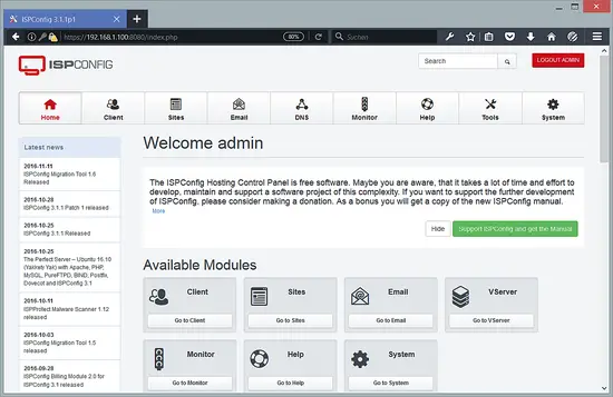 ISPConfig 3.1 Dashboard