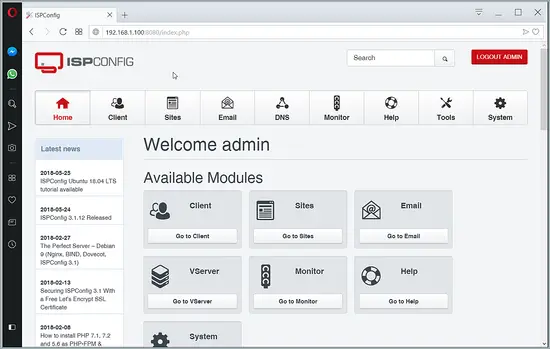 ISPConfig dashboard