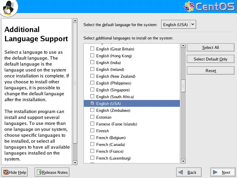 The system английский. Centos 4. SELECTUSA, программа. Choose the System default language. 3.4 Centos.