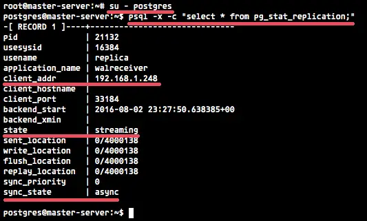 Check the PostgreSQL replication state.