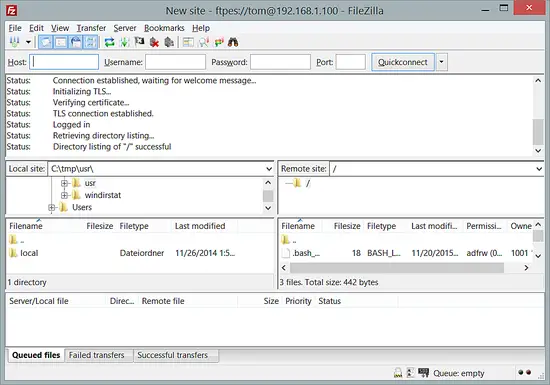 FileZilla Connected to ProFTPd.