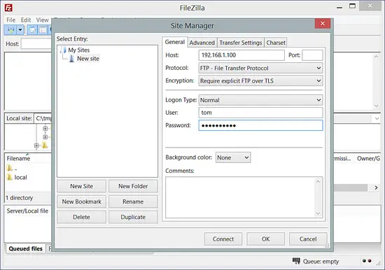 Enter the account details in FileZilla.