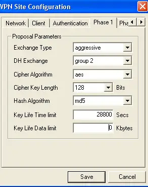 IKE first phase options of the ShrewSoft VPN Client tool