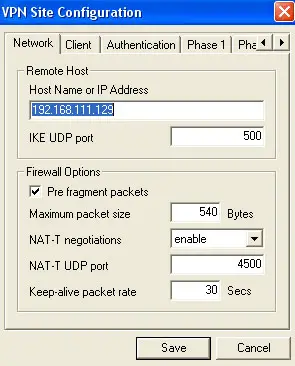 Network options of the ShrewSoft VPN Client tool