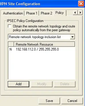 SP policy configuration of the  ShrewSoft VPN Client tool