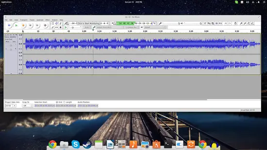 Audacity's main window. The sound is clearly depicted in the scrollable and also zoomable graph.