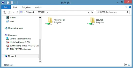 Both Samba shares show in Windows Explorer.