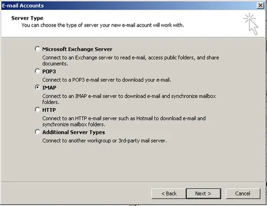 scr04 - Selecting the IMAP account type in MS Outlook