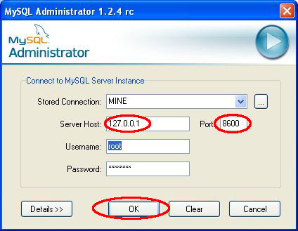 Step 8 - Configure MySQL Administrator connection settings.