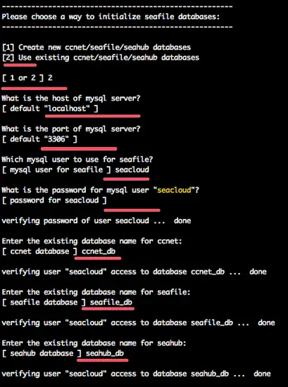 Seafile database setup
