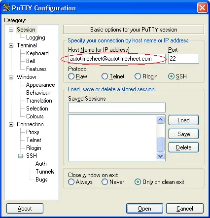 Screen shot: PuTTY - connect to a server