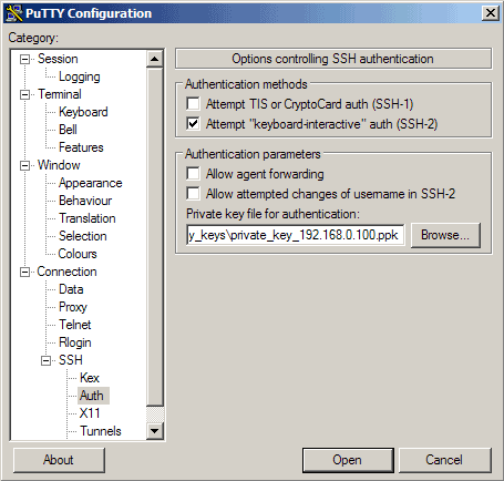 The key file path is shown in putty