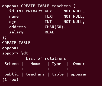 create and display table