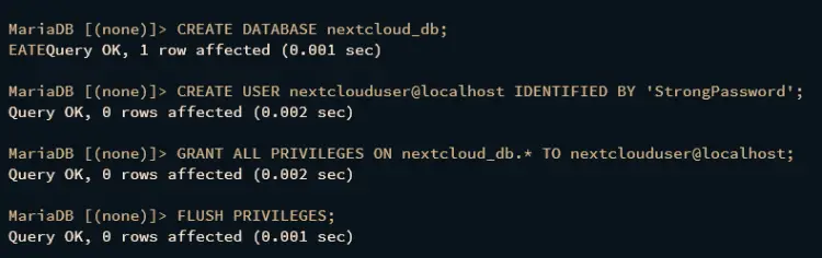 creating database and user