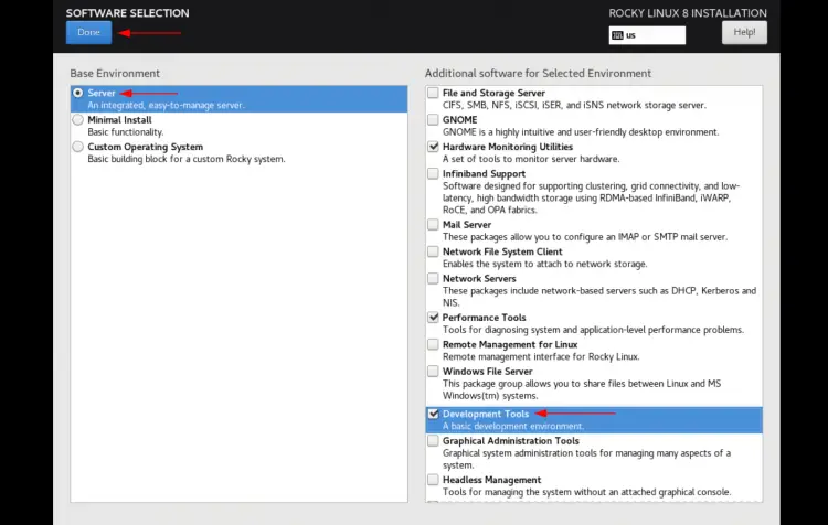 Choose software packages for the Rocky Linux Server