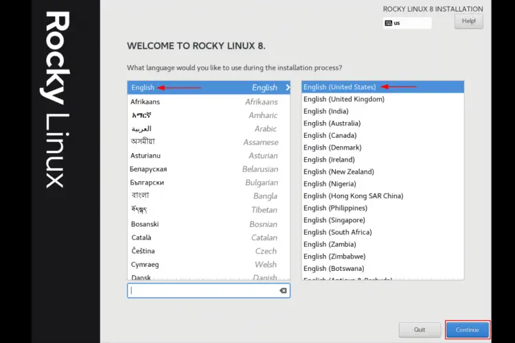 choose language for installation of rocky linux