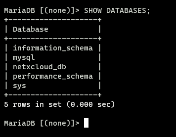 checking the list of databases on MariaDB