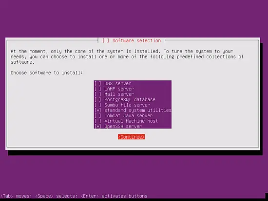Select the base packages for the Ubuntu server