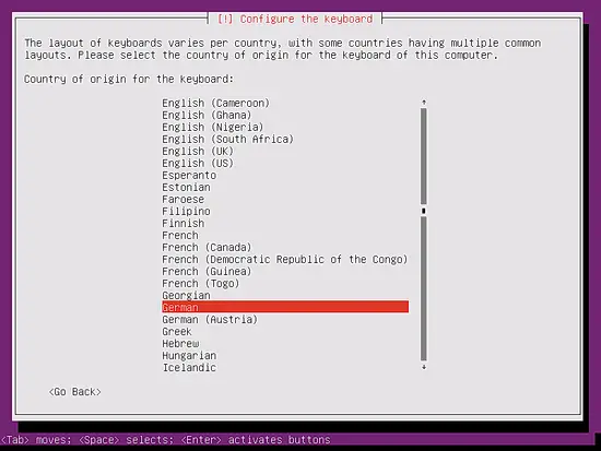 Select the country for the Ubuntu keyboard locale.