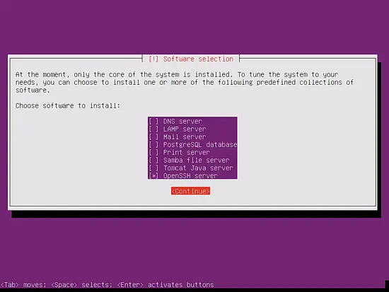 Select the base packages for the Ubuntu server