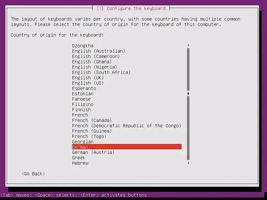 Select the country for the Ubuntu keyboard locale.