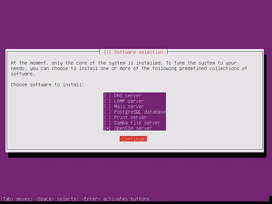 Select the base packages for the Ubuntu server