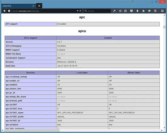 PHP info for APCu.
