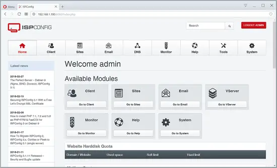 ISPConfig dashboard