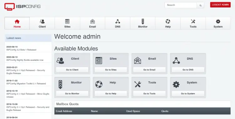 ISPConfig 3.2 dashboard