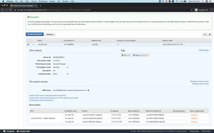 Successfully created an EFS filesystem