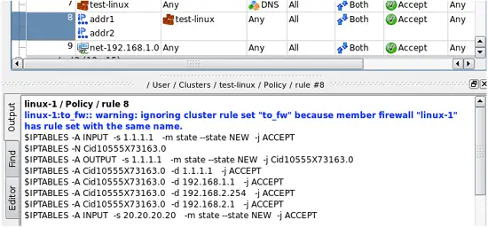 A warning shown when a rule set that belongs to the member firewall overrides rule set that belongs to the cluster