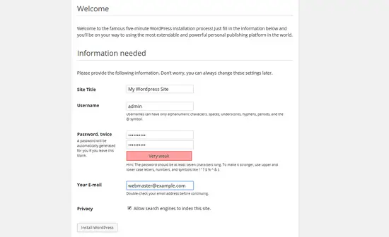 Wordpress: Login details.